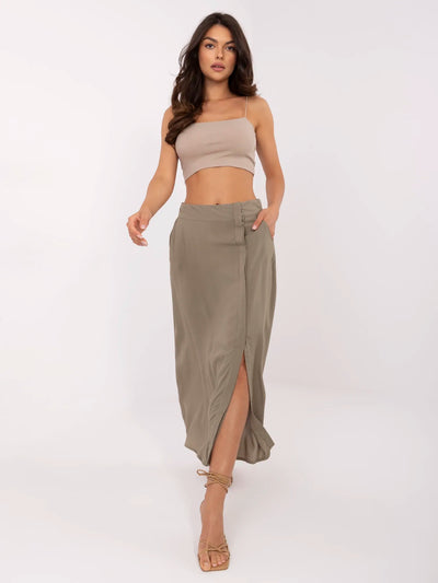 FRESH MADE Khaki trapezowa spódnica z kieszeniami
