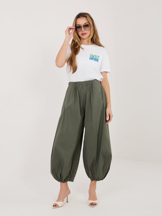 RUE PARIS Khaki spodnie parachute bez zapięcia