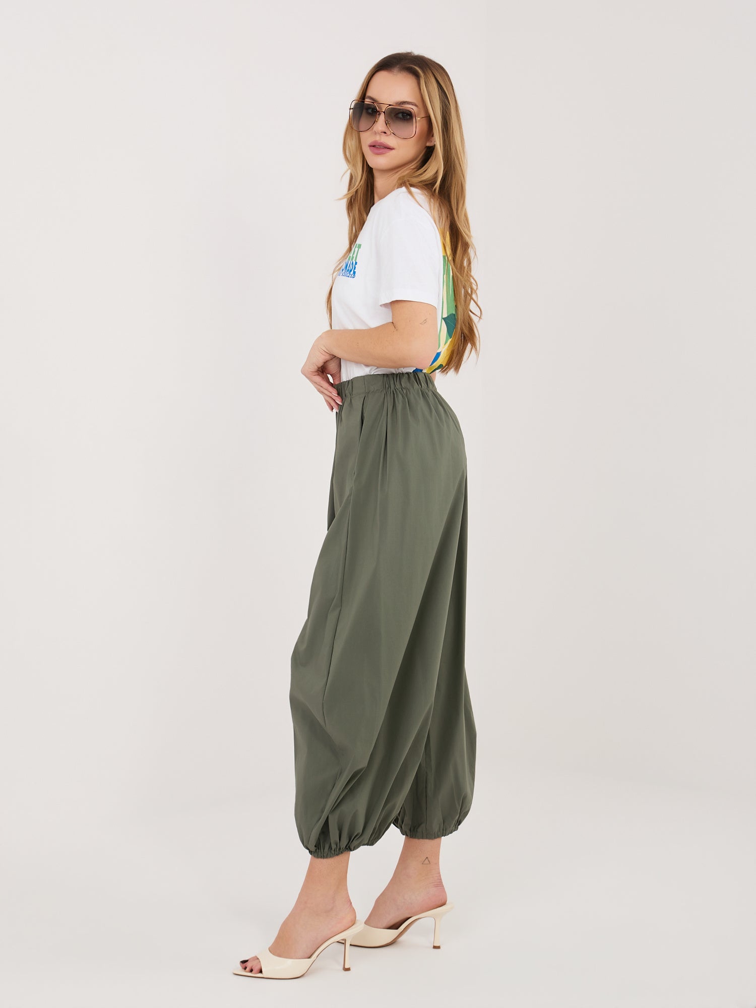 RUE PARIS Khaki spodnie parachute bez zapięcia