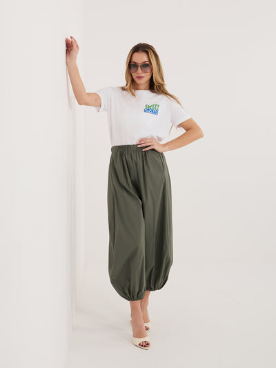 RUE PARIS Khaki spodnie parachute bez zapięcia