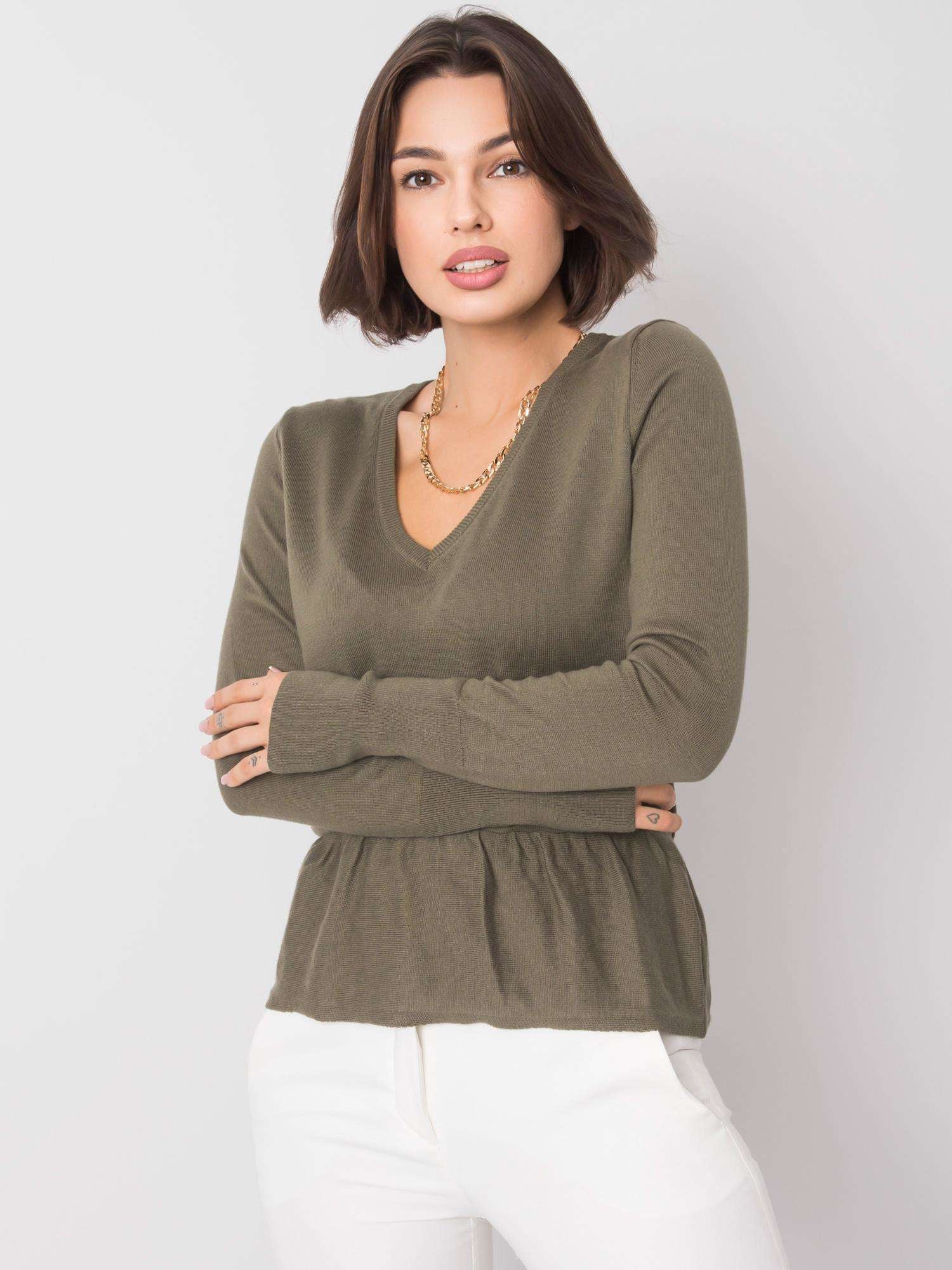 RUE PARIS Khaki sweter z dekoltem V
