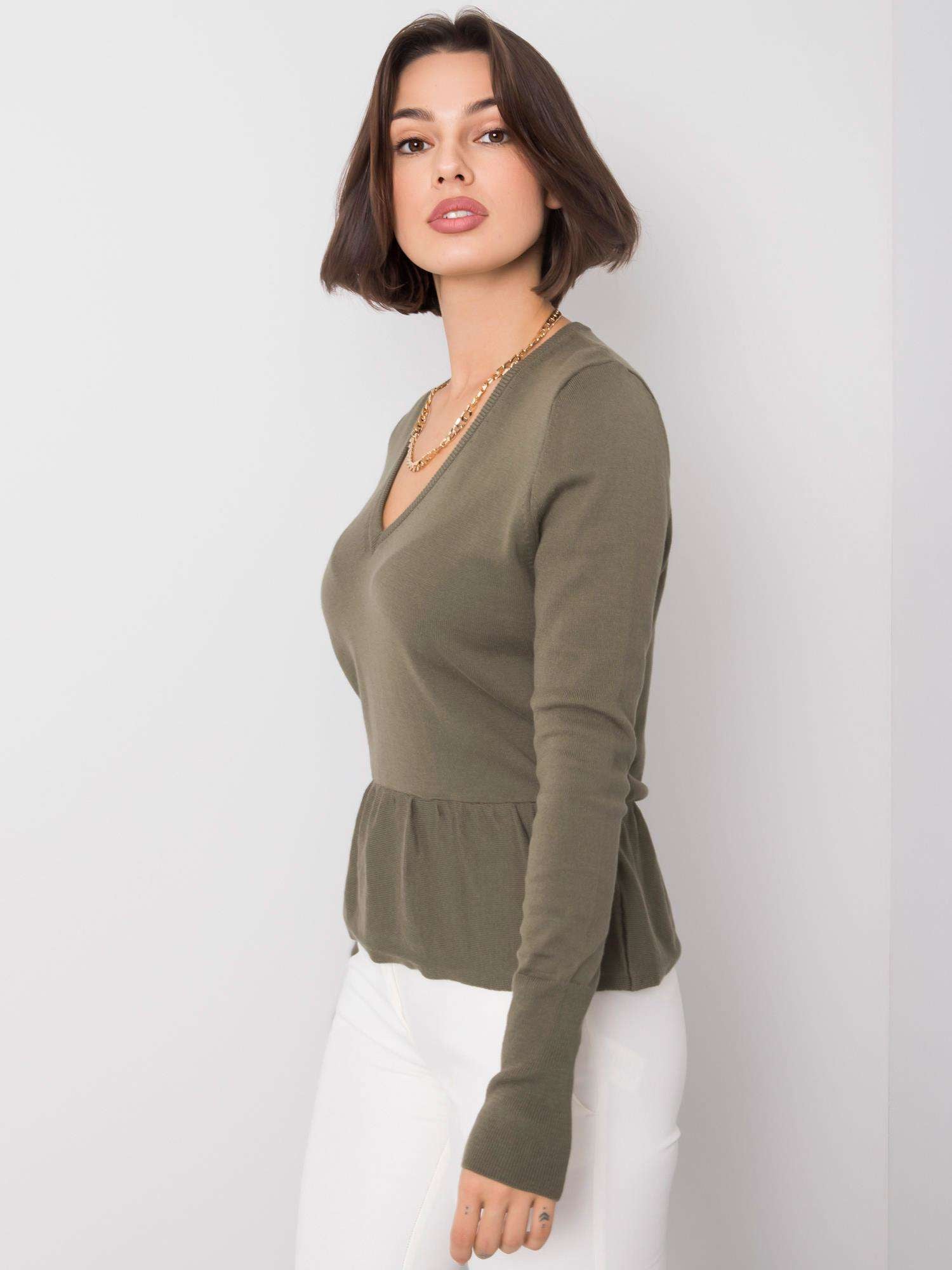 RUE PARIS Khaki sweter z dekoltem V