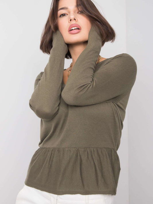 RUE PARIS Khaki sweter z dekoltem V