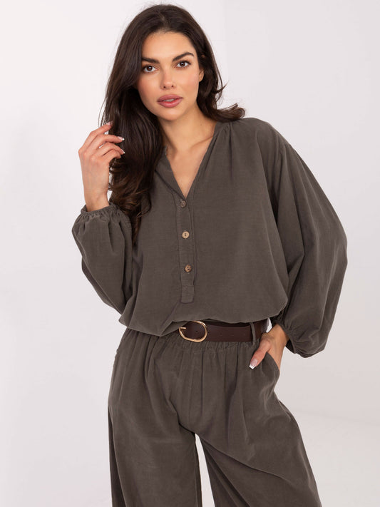 Khaki koszulowa bluzka ze sztruksu