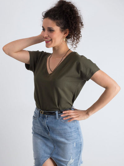 Bawełniany t-shirt V-neck khaki