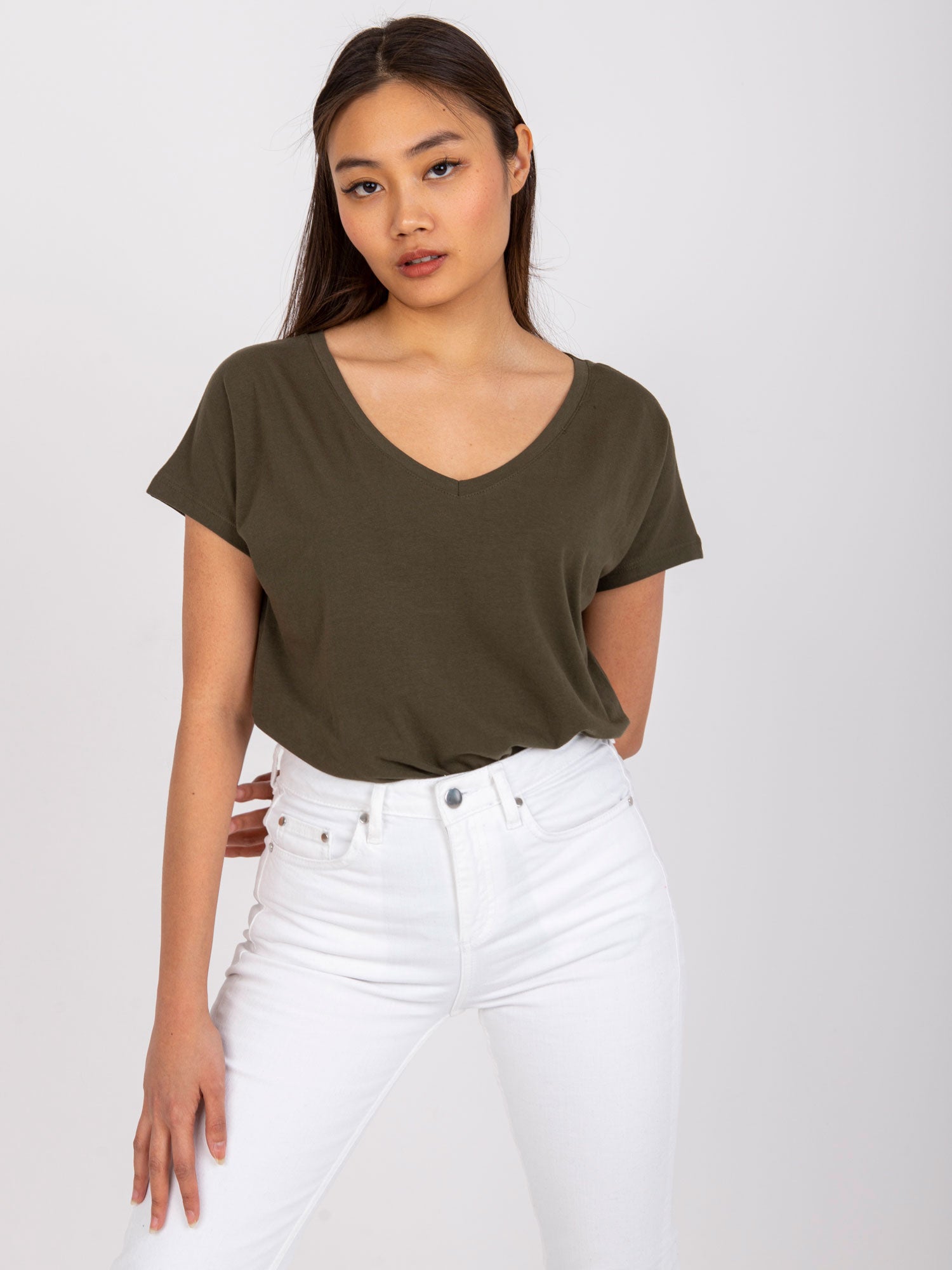 Bawełniany t-shirt V-neck khaki