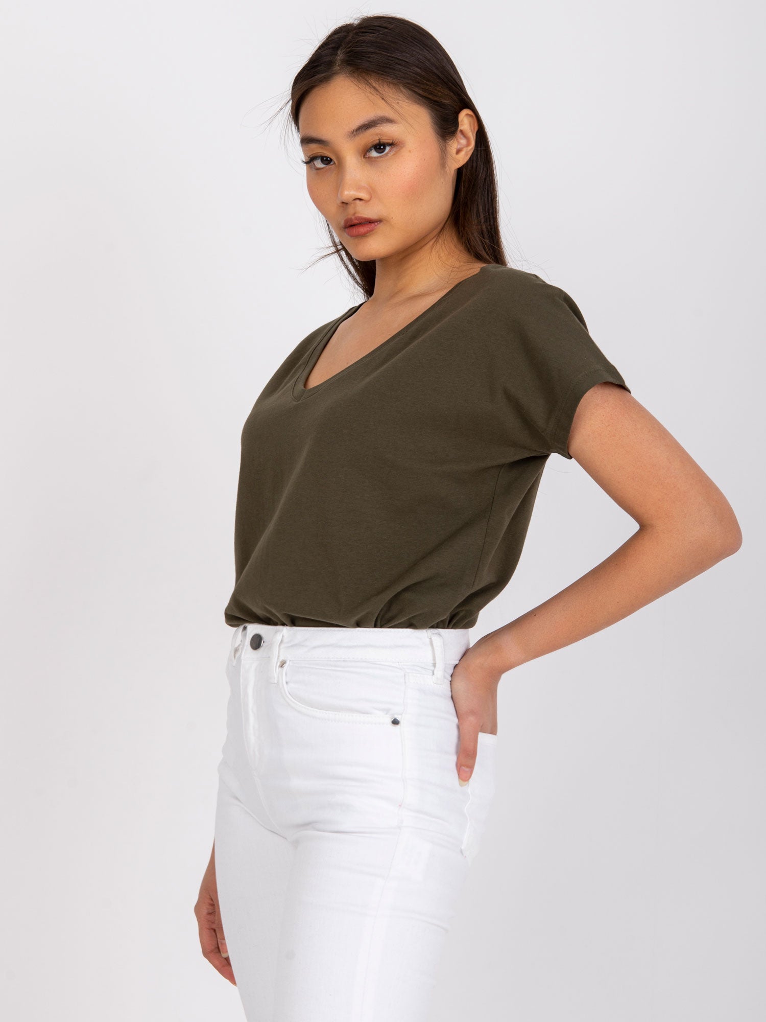 Bawełniany t-shirt V-neck khaki