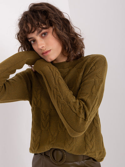 Khaki damski sweter w warkocze
