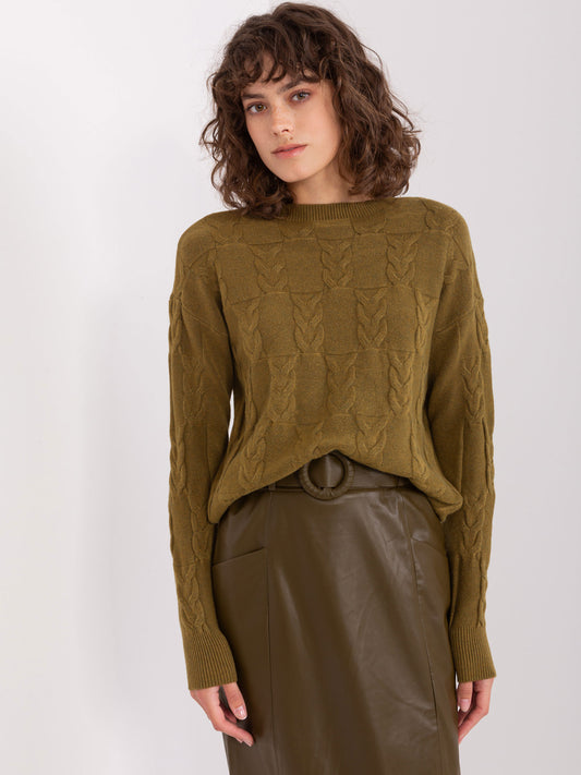 Khaki damski sweter w warkocze