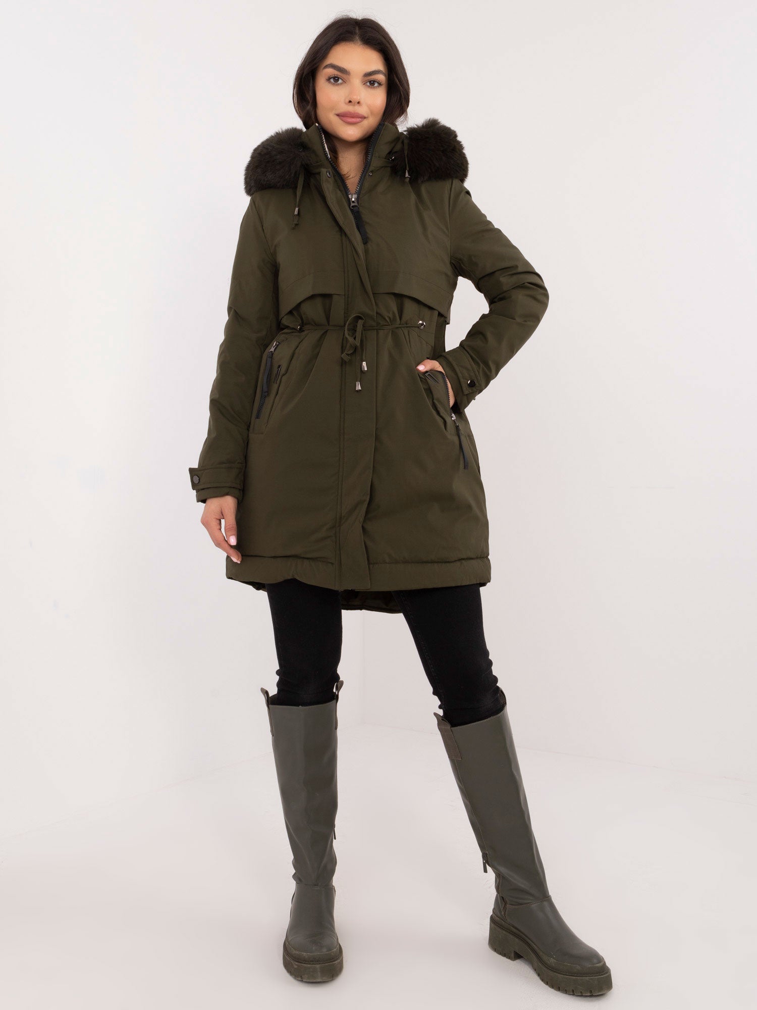 Khaki zimowa kurtka parka z kapturem