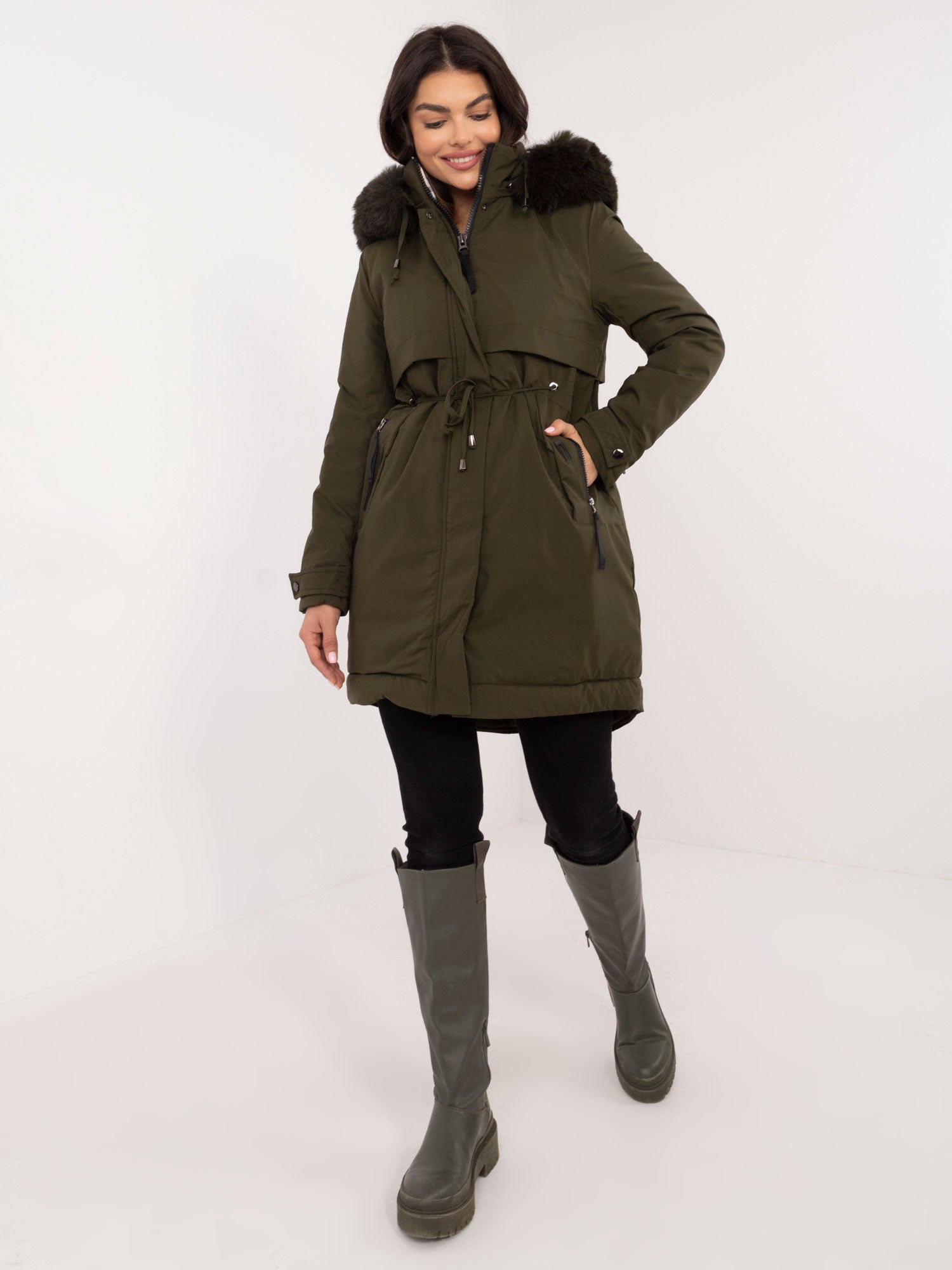 Khaki zimowa kurtka parka z kapturem