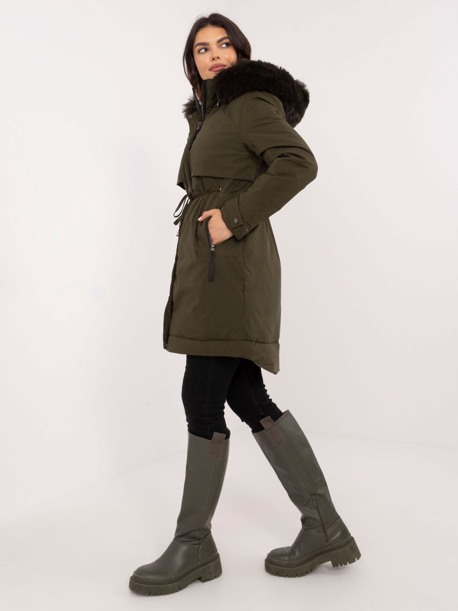 Khaki zimowa kurtka parka z kapturem