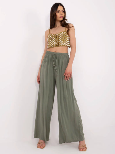 Khaki letnie spodnie z szeroką nogawką