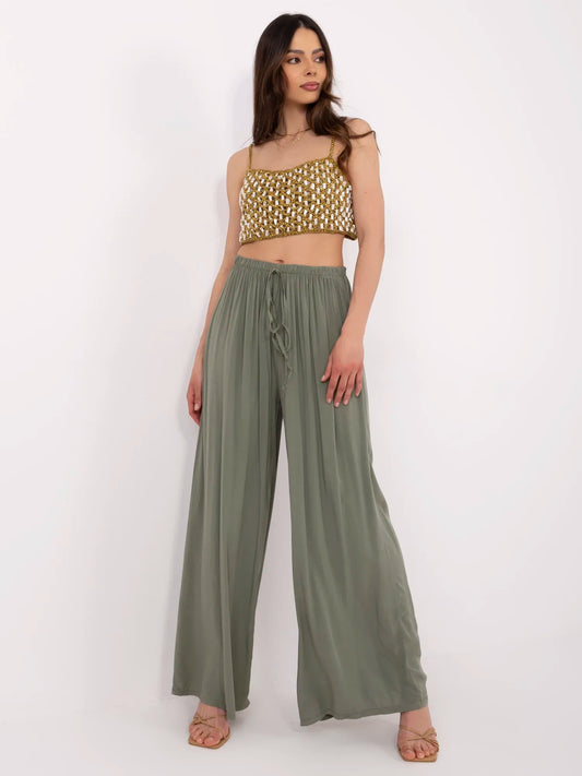 Khaki letnie spodnie z szeroką nogawką