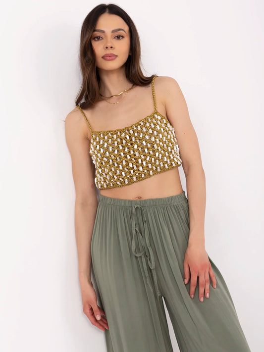 Khaki letnie spodnie z szeroką nogawką