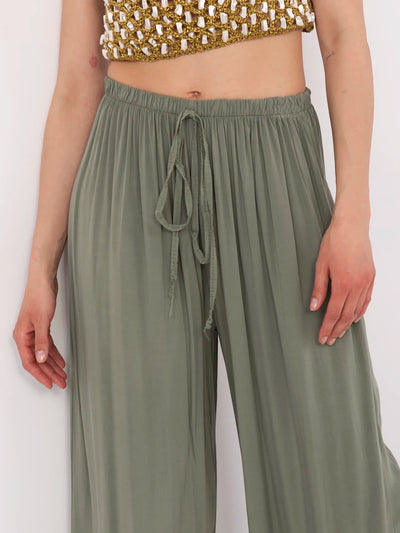 Khaki letnie spodnie z szeroką nogawką