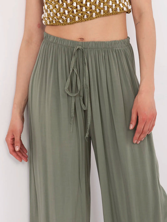 Khaki letnie spodnie z szeroką nogawką