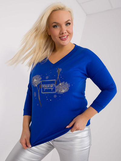 Kobaltowa damska bluzka plus size z aplikacjami