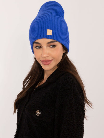 RUE PARIS Kobaltowa czapka beanie z naszywką