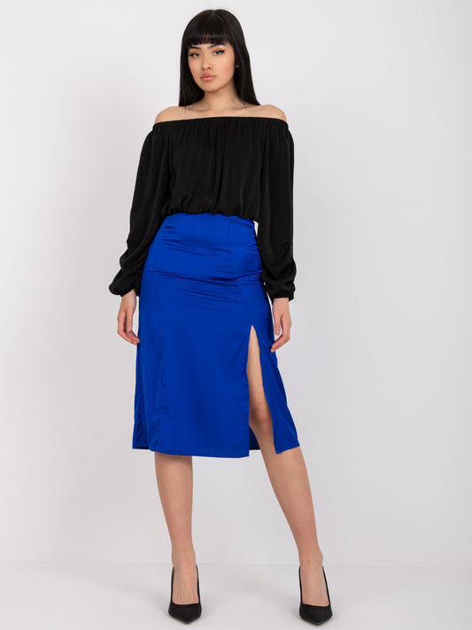 RUE PARIS Kobaltowa spódnica ołówkowa z imitacji satyny
