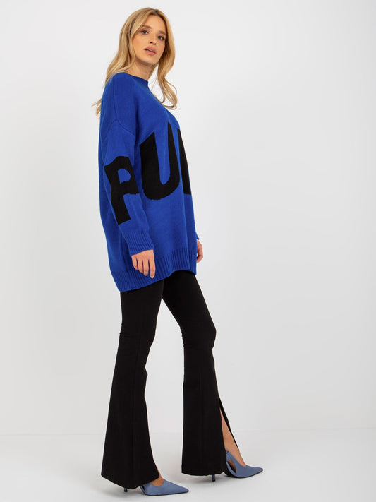 Kobaltowy długi sweter oversize z napisem RUE PARIS