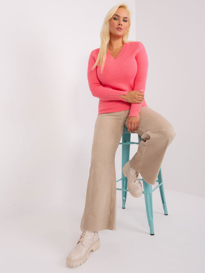 Koralowy damski sweter plus size z dekoltem V