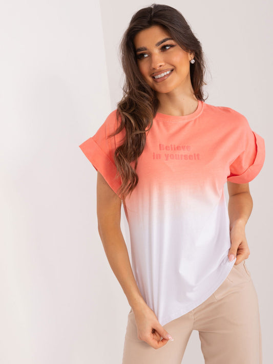 Koralowy damski t-shirt ombre z bawełny