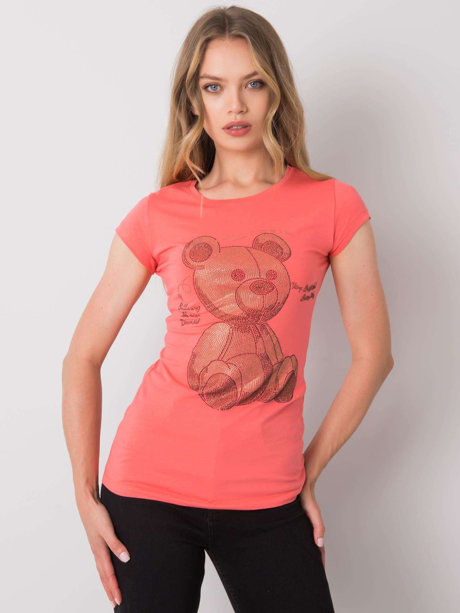 Koralowy t-shirt damski z dżetami