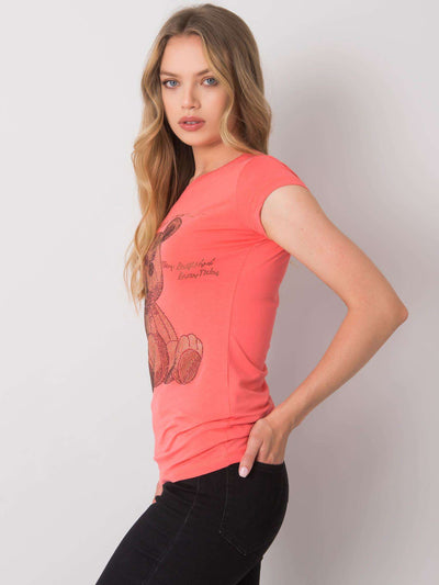 Koralowy t-shirt damski z dżetami