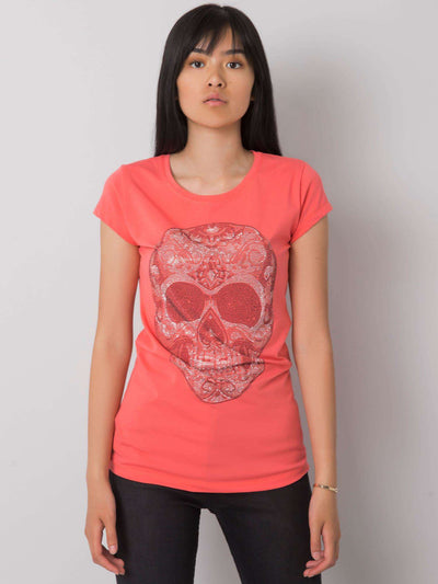 Koralowy t-shirt damski z czaszką