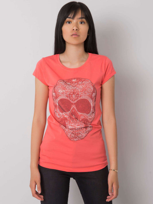 Koralowy t-shirt damski z czaszką