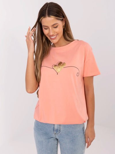 Koralowy t-shirt ze ściągaczem na dole