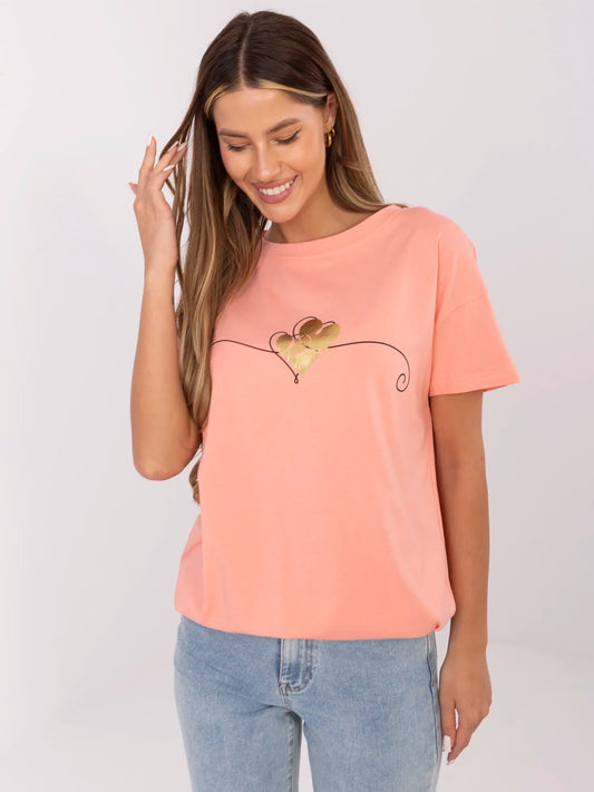 Koralowy t-shirt ze ściągaczem na dole