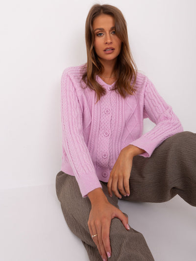 Liliowy damski sweter rozpinany z guzikami