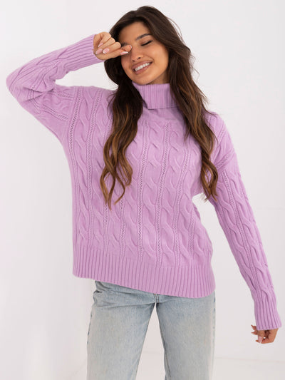 Liliowy damski sweter golf o kroju oversize