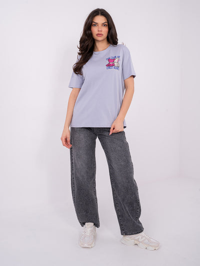 SUBLEVEL Liliowy damski t-shirt z nadrukiem teddy bear