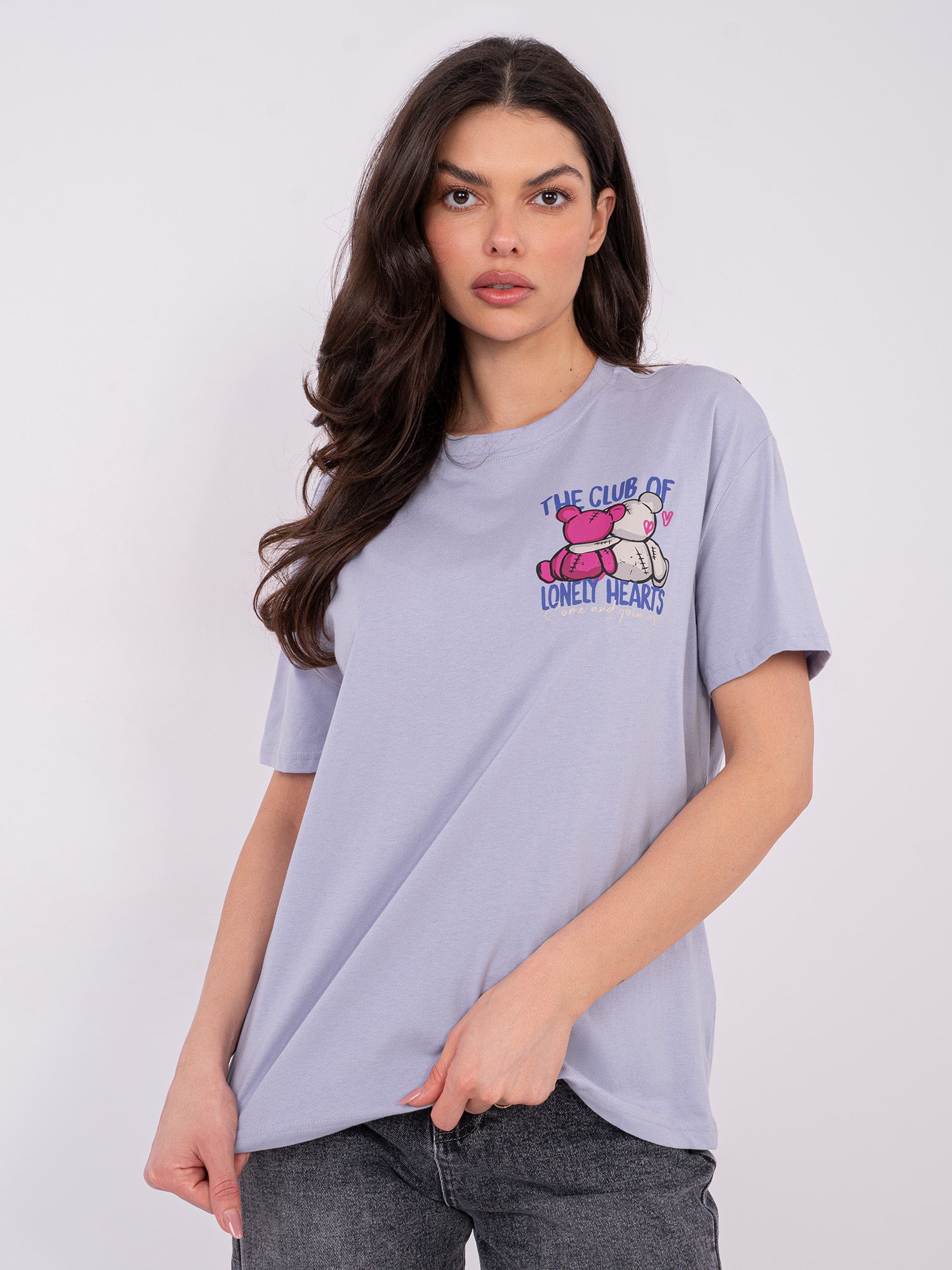 SUBLEVEL Liliowy damski t-shirt z nadrukiem teddy bear