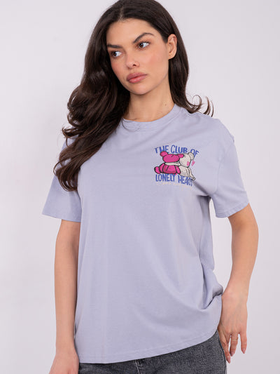 SUBLEVEL Liliowy damski t-shirt z nadrukiem teddy bear