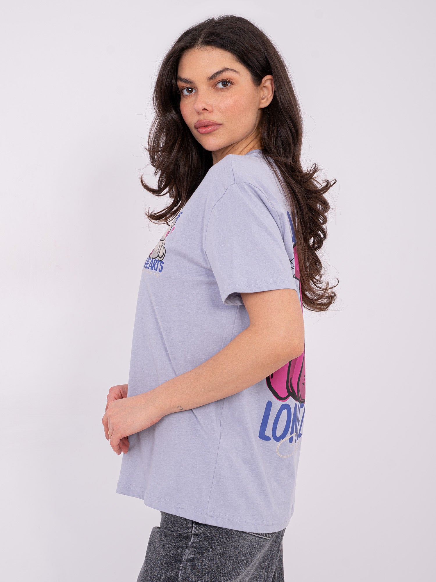 SUBLEVEL Liliowy damski t-shirt z nadrukiem teddy bear