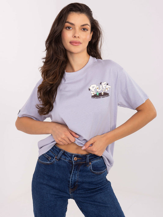 SUBLEVEL Liliowy bawełniany t-shirt z nadrukiem