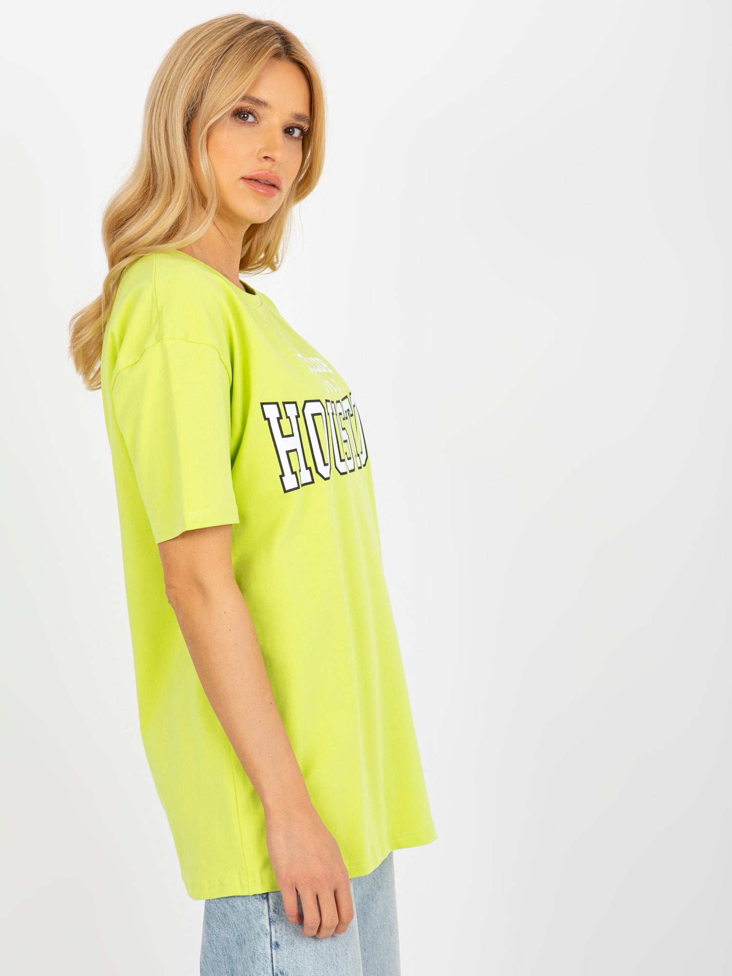 Limonkowy damski luźny t-shirt z napisem