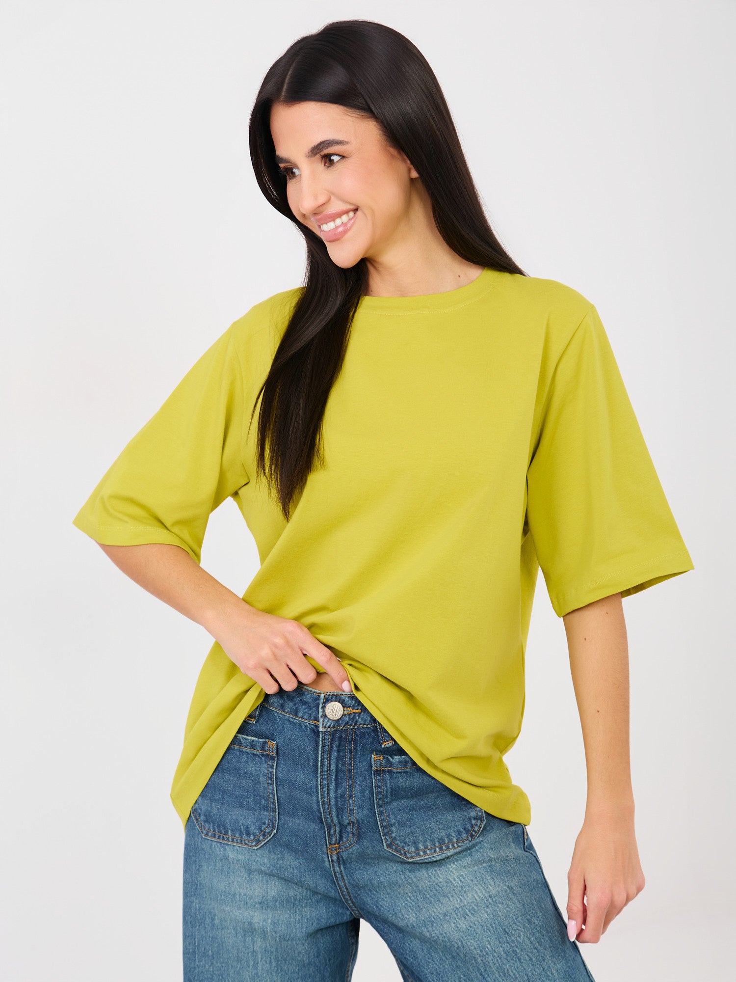 Limonkowy damski t-shirt o luźnym kroju RUE PARIS