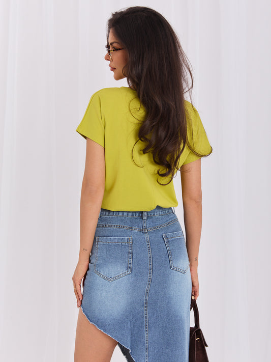 Bawełniany t-shirt V-neck limonkowy
