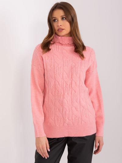 Łososiowy sweter damski golf w warkocze