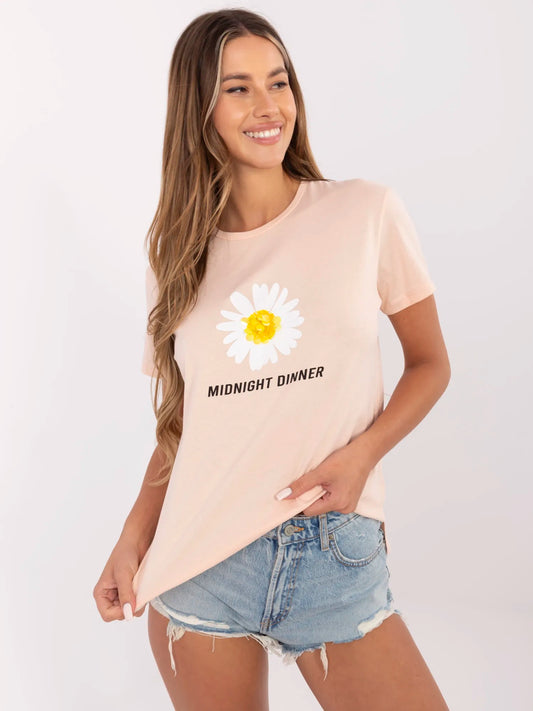 Łososiowy damski t-shirt z nadrukiem