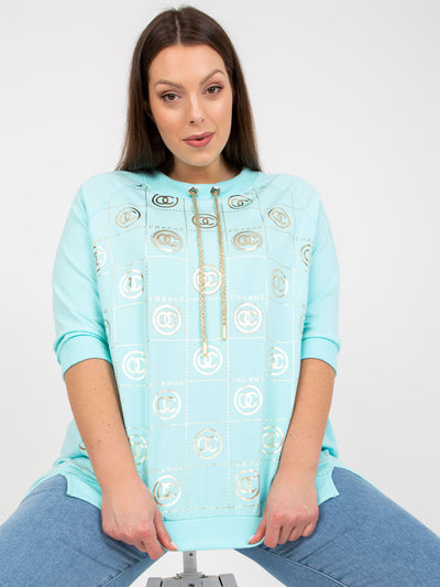 Miętowa bawełniana bluzka plus size z aplikacją
