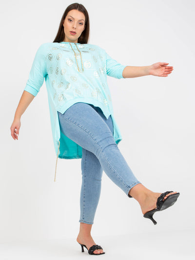 Miętowa bawełniana bluzka plus size z aplikacją