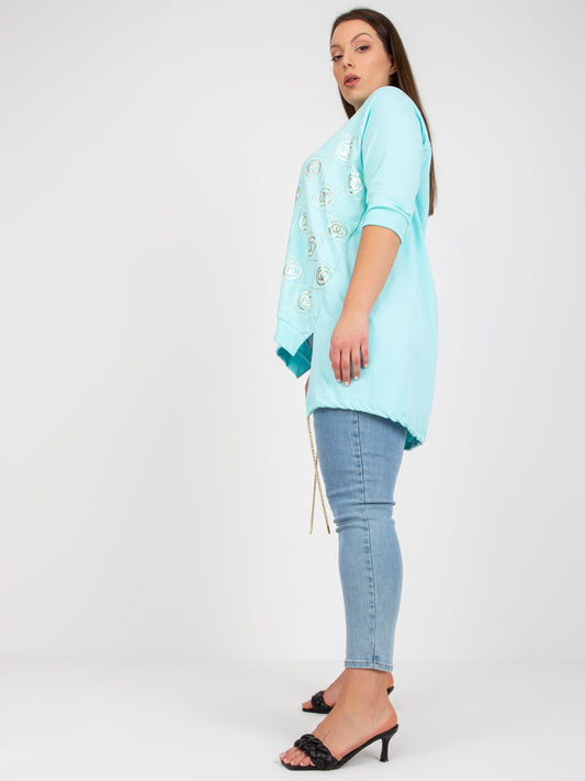 Miętowa bawełniana bluzka plus size z aplikacją