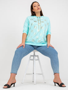 Miętowa bawełniana bluzka plus size z aplikacją