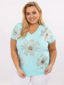 Miętowa casualowa bluzka plus size z dekoltem V